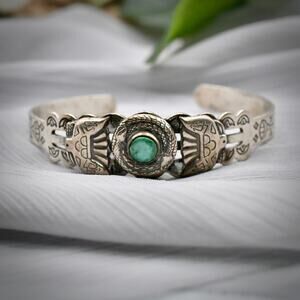 Vtg Fred Harvey Navajo Sterling Silver Turquoise Stamped Cuff Bracelet 15g